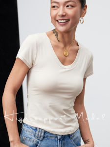 YINGMEI | Machine Washable Non-Deforming U-Neck Simple Solid Color T-shirt Women