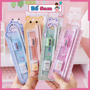 Bộ 4 chi tiết bút chì thước kẻ gọt bút tẩy siêu tiện lợi xinh xắn Shop Bố Sam