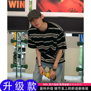 Cleanfit Mens Stripe T-Shirt round Neck Short Sleeve Pure Cotton Half Sleeve Summer High Sensation Casual Loose Fit Top