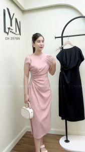 Đầm thiết kế dự tiệc Lyntran lệch vai nhún eo che khuyết điểm dáng xòe màu hồng pastel chất lụa trượt thái 3976