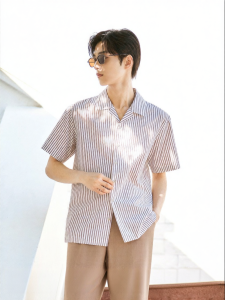 Mens Cuban Collar Stripe Loose Comfort Short Sleeve Shirt