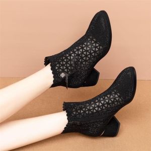 Hong Kong Genuine Leather Hollow out Chunky Heel Short Boots Womens Summer New Versatile Medium Heel Single Boot Soft Bottom Rhinestone Mesh Boots