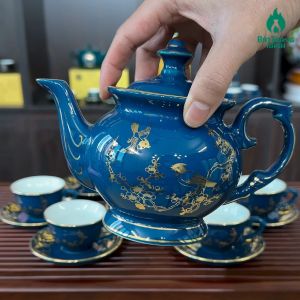 Bộ ấm trà Bát Tràng men xanh Hải Bích vẽ vàng 24k - Bộ bình trà Bát Tràng Cao Cấp chim én đậu cành hoa mai
