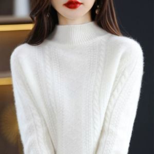 Eordos Fashionable Womens Woolen Sweater Loose Half-High Collar Pure Color Autumn Winter Warm Thickened Long Sleeve Base Layer Top