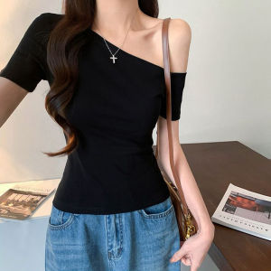 YUEZHONGWEI | White Asymmetric Design Short Sleeve Slim Fit Summer T-Shirt Womens Fashionable Shoulder Bared Mini Top Korean Style Commute