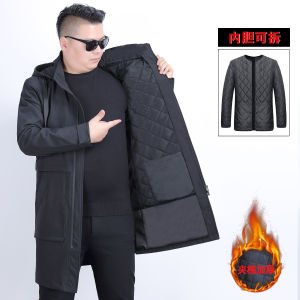 เสื้อแจ็คเก็ตผ้าฝ้ายยาวปานกลางสำหรับผู้ชายไซส์ใหญ่ฤดูหนาว แจ็คเก็ตผ้าฝ้ายสไตล์ลำลองแบบมีฮู้ดถอดได้ แจ็คเก็ตแฟชั่นสำหรับผู้ชายไซส์ใหญ่