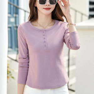 Early Autumn Womens Base Shirt Pure Cotton Long Sleeve Short Style Slimming Top Inner Wear Outer Wear Commute Style Korean Version