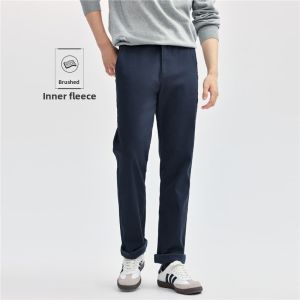 Giordano Mens Business Casual Straight Leg Pants 2026 Spring New Style Fleece Brushed Letter Weave Label mid Waist Cotton Blend