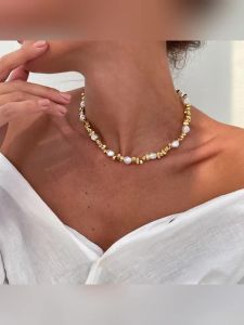 KunJoe Nữ Thanh Lịch Giả Ngọc Trai Vòng Cổ Choker Vàng Retro Acrylic Đính Hạt Xương Đòn Dây Chuyền Trang Sức Dự Tiệc Họa Tiết Hình Học
