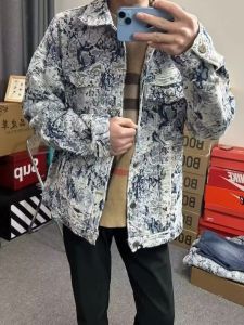 Spring Autumn New Style Mens Denim Jacket Loose Fit Heavy Embroidery Floral Design Casual Outerwear Korean Fashion