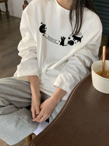 เสื้อยืดคอกลมแขนยาวผ้าฝ้ายแท้สีขาวสำหรับผู้หญิง ทรงหลวม สไตล์เกาหลี ลำลอง ฤดูใบไม้ผลิและฤดูใบไม้ร่วง เสื้อผ้าทำงาน