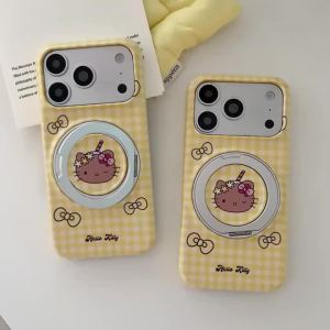 Sanrio | Luxury Yellow Gingham Grid Sanrio HelloKitty Magnetic Stand Phone Case For iphone 16 15 17 Pro Max Cute Cartoon Shockproof Cover