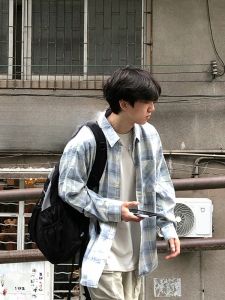 HetingHOME | Hetinghome Plaid Loose Mens Shirt Couples American Style Autumn Trendy Brand Washed Polyester Cotton Blend Long Sleeve