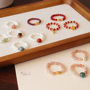 Natural Red Agate Ring Rhodonite Shell Bead Sunstone Elastic Rope Ring New Chinese Style Gourd Koi Ring for Women Fashion Jewelry