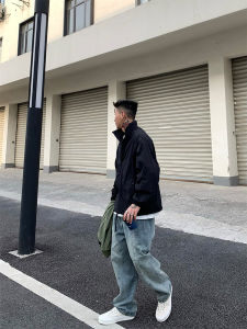 สีดำ ผ้าเส้นด้ายดั้งเดิม หลวม ผู้ชาย เสื้อแจ็คเก็ต OX-FREAK Half ซิป ปกตั้ง ป้องกันรังสียูวี ทันสมัย สไตล์เกาหลี เสื้อตัวนอก