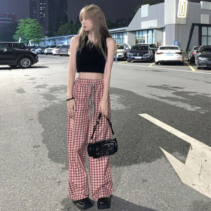 กางเกงขายาวทรงหลวมเอวสูงลายสก็อตสีชมพู ทรงหลวม ทรงตรง ทรงสลิม ทรงลำลอง ฤดูใบไม้ร่วง 2024 กางเกงขายาวทรงหลวม