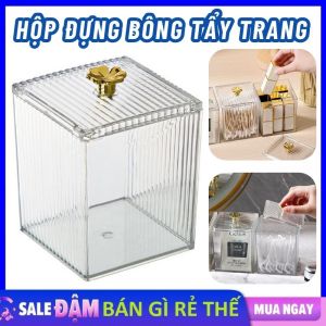Hộp Đựng Bông Tẩy Trang Bằng Nhựa Mica Trong Suốt Có Núm Cầm Vàng Cao Cấp - Hộp Đựng Mỹ Phẩm  Tăm Bông  Đồ Trang Điểm Đa Năng - Hộp Đựng Trang Sức