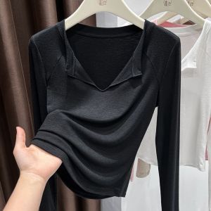 Slim Fit Half Open Collar Long Sleeve T-Shirt Women Summer Pure Desire Cool Thin Modal Base Top Breathable Korean Style