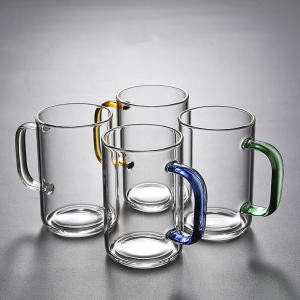 หนาขึ้น แก้วทนความร้อนถ้วยนมพร้อมที่จับสำหรับอาหารเช้าไมโครเวฟปลอดภัยพิมพ์โลโก้ถ้วยน้ำสไตล์นอร์ดิกชัดเจน