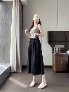 2026 Summer Loose Wide Leg Pants Women Elastic Waist Drawstring Leisure Capri Pants Solid Color Simple Versatile Pantskirt