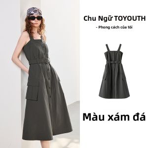 Toyouth | Đầm Phong Cách Công Sở Mùa Hè Cổ Vuông Đai Điều Chỉnh Dáng A