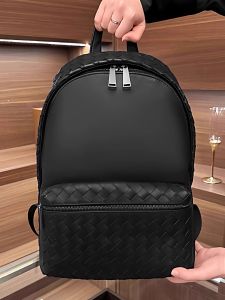 Mens Fashionable Leather Woven Backpack Casual Travel Leisure Trendy Cowhide Shoulder Bag Youth Bookbag Computer Bag