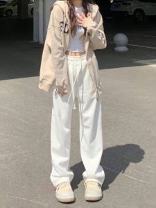 White Cotton American Style Womens Sports Pants High Waist Loose Straight Leg Casual Wide Leg Sweatpants Comfortable Fit