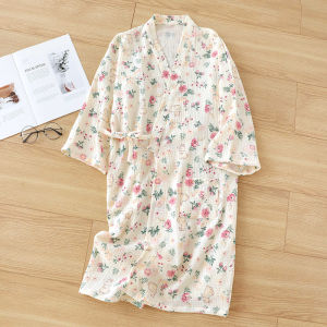 Pure Cotton Summer Thin Kimono Style Sleepwear Womens Home Clothes Nightgown Robe Floral Print Mid-Length Four Seasons