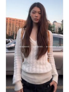 Korean Style V-Neck Knitted Base Shirt Womens Autumn Winter Slim Fit Waist Cinched Pure Desire Top Long Sleeve round Neck