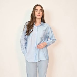 QUEENTIN Kemeja Casual Wanita 9028 Katun Silk Salur Lengan Panjang
