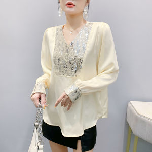 Yimei Áo Nữ Cổ Chữ V cổ chữ V áo rộng kim sa lấp lánh độc đáo họa tiết cao cấp