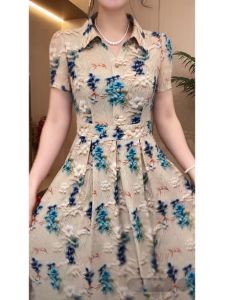 MAIMEI | Polo Collar Floral Print A-Line Midi Dress Womens Slimming Waist High Waist Polyester Fiber Summer New Style Korean Version