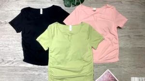 Áo thun nữ tập gym yoga aerobic thể thao phủ bụng nhúng eo chất liệu thun dệt kim BINSPORTS A242