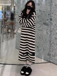 French Style Fancy Hooded Stripes Knitting Dress Womens Autumn and Winter Loose Slim Looking Inner Bottoming Sweater Long Skirt
