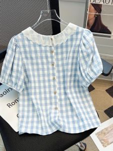 Sweet Lace Trimmed Plaid Short Sleeve Shirt Womens Summer Casual Loose Slimming Shirt Youthful Chic Top Korean Style Straight Cut