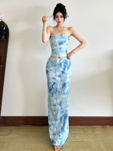 ชุดสองชิ้นสีฟ้าทะเลด้านข้างติดกาว ชุดเดรสยาวคลุมเข่าสไตล์ปลาหาง ชุดฤดูร้อนสำหรับสาวๆ วัย 18-25 ปี