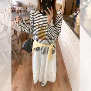 Cotton Long Sleeve Striped T-Shirt Womens Loose Fit Casual Style Printed Autumn New Arrival Top Comfortable Breathable round Neck