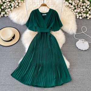 Summer 2025 V-neck Short Sleeve Dress Knee-length Slimming Waist Pleated Long Skirt Korean Style High Waist Zipper Closure