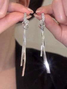 Korean Japanese Luxury Silver Zircon Tassel Earrings Womens Fashion Long Chain Ear Studs Elegant Lady Ear Jewelry
