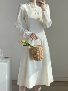 White Traditional Chinese Style Long Sleeve Qipao Dress Womens Autumn New Arrival High Waist A-Line Skirt Formal Occasion