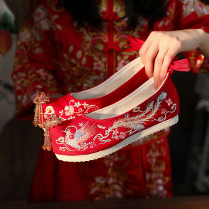 JIFANPAUL | Red Crystal Bead Wedding Shoes with Inner Heel and Embroidery for Chinese Traditional Wedding