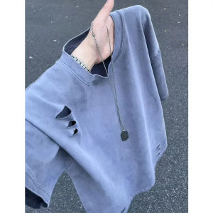 CHENMU | American Vintage Distressed Washed Cotton T-shirt 5/8 Sleeves