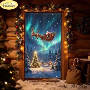 VIKAMA Giáng Sinh Aurora Tuần Lộc Xe Trượt Tuyết Ông Già Noel Rèm Cửa Polyester Mềm Mại Ánh Sáng Phương Bắc Nai Sừng Tấm Kéo Ông Già Noel Thị Trấn Mùa Đông Cây Quà Tặng