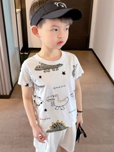 27Kids Dinosaur Cartoon Printed Cotton T-Shirt for Boys Summer New Arrival Breathable Comfortable Short Sleeve round Neck T-Shirt