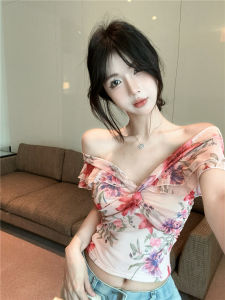 GUZILIAN | Floral Trim Short Sleeve T-Shirt Women Summer Pure Desirable One Shoulder Tube Top Unique Beautiful Shirt Korean Style Slim Fit