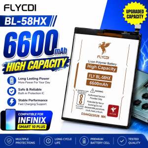 FLYCDI BL-58HX 6600mAh Li-ion Polymer High Capacity Battery for Infinix Smart 10 Plus. Long Lasting Power Safe & Reliable Built-in Protection IC Stable Performance Fast Charging Support.