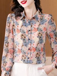 เสื้อเชิ้ตผู้หญิงแขนยาวหลวมๆ ปิดด้วยกระดุม ทรงพอดีตัว ลายดอกไม้ ทรงปกติ ฤดูใบไม้ผลิ 2025 เสื้อเชิ้ตผู้หญิงสไตล์ใหม่