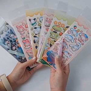 Sanrio Glitter Sticker Pack with Keychain Tweezers Kuromi Cinnamoroll PVC Transparent Stickers DIY Pendant Notebook Stat