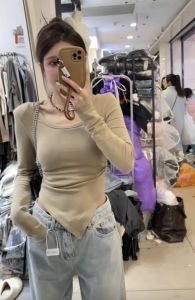 Trendy U-Neck Long Sleeve Cotton T-Shirt Womens Spring Autumn Regular Fit Asymmetric Base Shirt Hot Girl Tight Large Collar Top