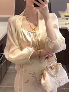 chaqi | Womens Summer Short Sleeve Sun Protection Shirt With Buttoned Shells Transparent Chiffon Breathable Lightweight V-neck Coat